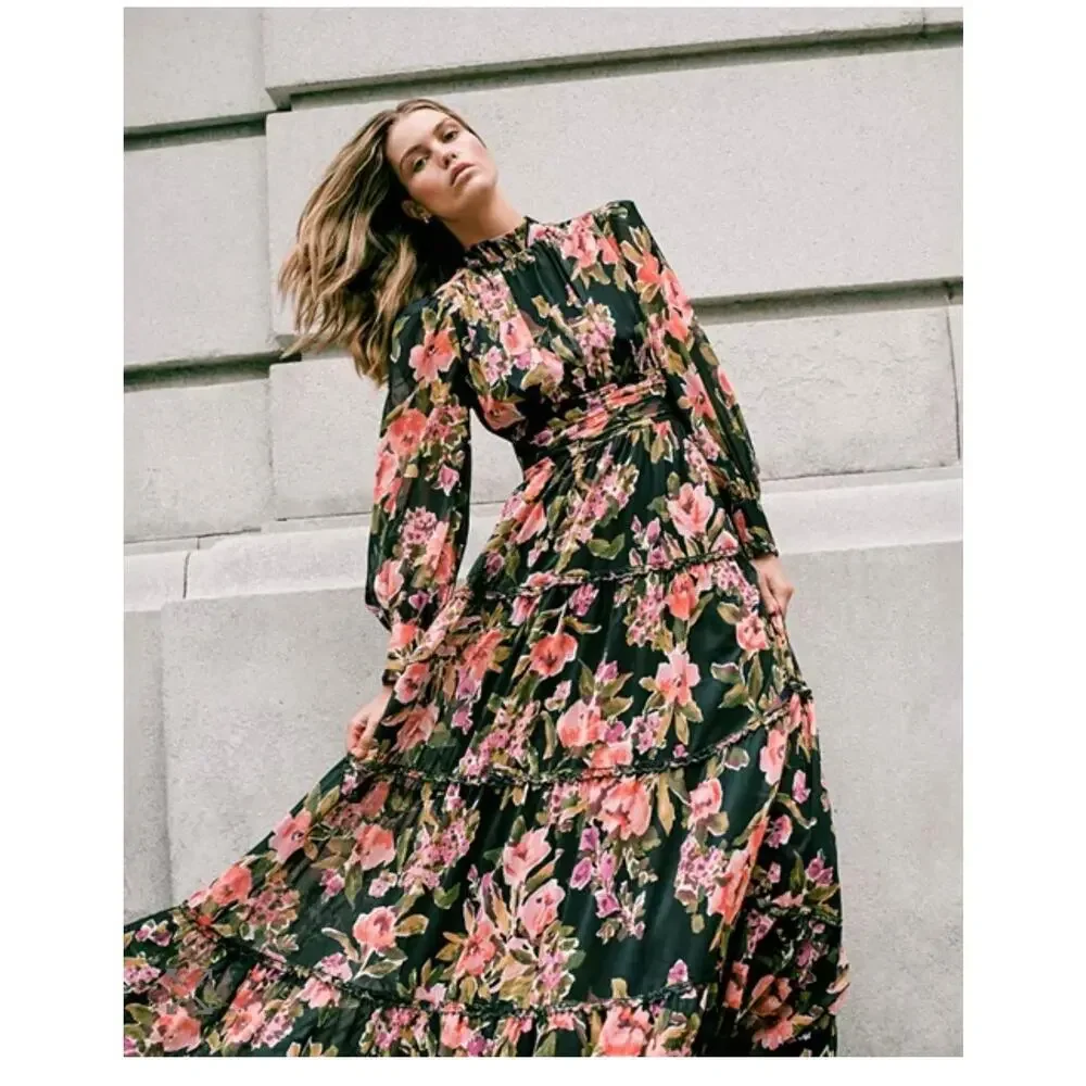 AQUA Women's Floral Deep Green Maxi Dress S Off Shoulder Long Sleeve Romantic - Picture 1 of 15